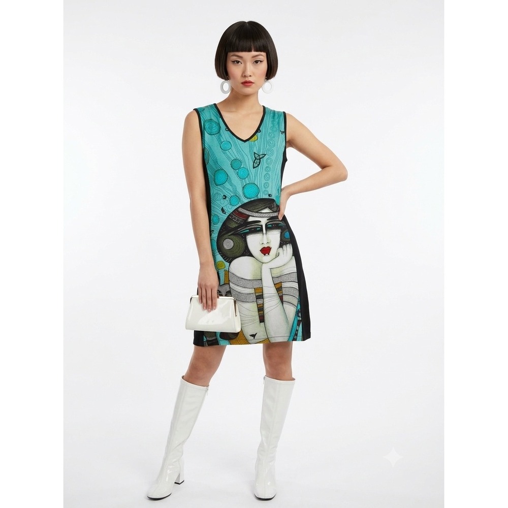 Dolcezza Art Portrait Graphic Shift Dress M Teal Black Criss Cross Back Artistic